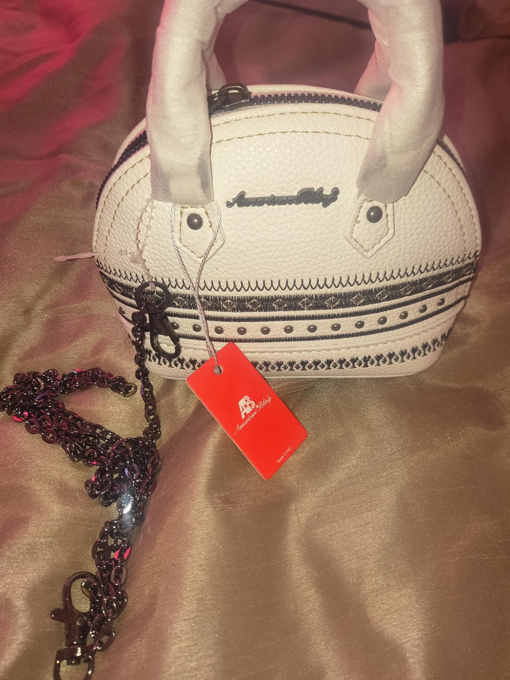 White Mini Dome Crossbody Bag with Decorative Trim